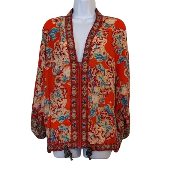 Free People Other - Free People Orange Floral Print Kimono Jacket Open Front Bohemian Extra Small